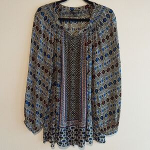 Lucky Brand Multicolor Ikat Print Button Down Boho Peasant Blouse
